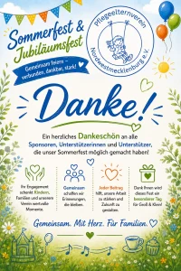 Danksagung an alle Sponsoren, Unterstützer, Helfer und Besucher des Sommerfestes des Pflegeelternvereins Nordwestmecklenburg.