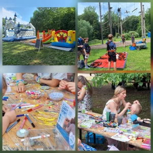Fotocollage mit Hüpfburgen, Kletterangebot, Kinderschminken und Bastelaktionen für Kinder auf dem Sommerfest.