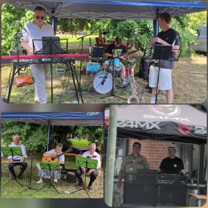 Fotocollage mit drei Musikern und einem DJ, die das Sommerfest musikalisch begleiten.