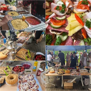 Fotocollage des vielfältigen Buffets mit Speisen und Getränken für die Gäste des Sommerfestes.
