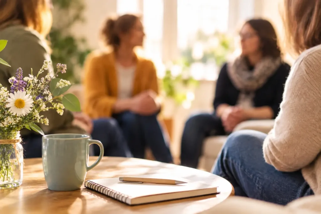 Tasse und Blumen auf einem Tisch, während sich drei Frauen im Hintergrund in einer vertraulichen Gesprächsrunde austauschen.
